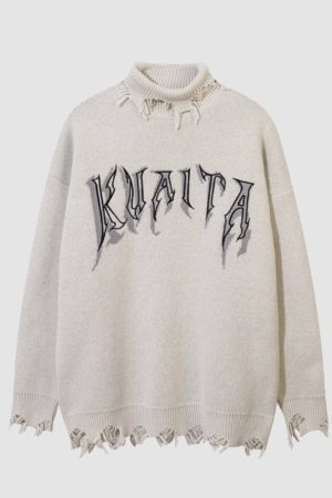 Style Core Aesthetics, New Style Trends Bear Pattern Raw Hem Turtleneck Sweater