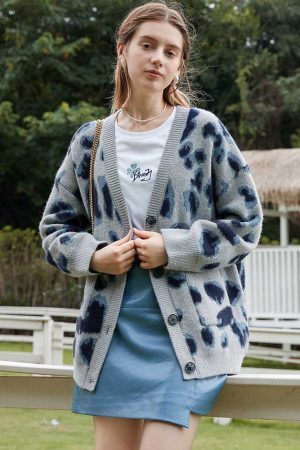 Style Core Aesthetics, New Style Trends Blue Leopard Cardigan Sweater