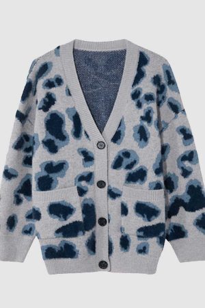 Style Core Aesthetics, New Style Trends Blue Leopard Cardigan Sweater