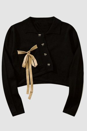 Style Core Aesthetics, New Style Trends Bow Irregular Turndown Collar Knit Crop Top