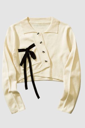 Style Core Aesthetics, New Style Trends Bow Irregular Turndown Collar Knit Crop Top