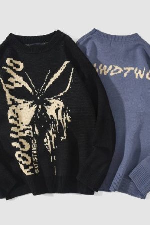 Style Core Aesthetics, New Style Trends Butterfly & Letters Graffiti Print Sweater
