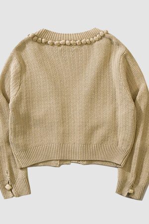 Style Core Aesthetics, New Style Trends Button Decor Pom-Pom Cropped Cardigan Sweater