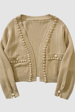 Style Core Aesthetics, New Style Trends Button Decor Pom-Pom Cropped Cardigan Sweater