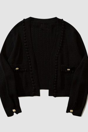 Style Core Aesthetics, New Style Trends Button Decor Pom-Pom Cropped Cardigan Sweater