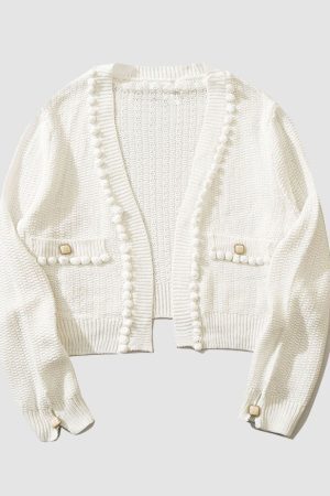 Style Core Aesthetics, New Style Trends Button Decor Pom-Pom Cropped Cardigan Sweater