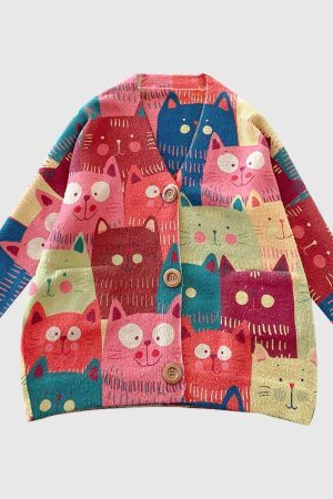 Style Core Aesthetics, New Style Trends Cartoon Cat Cardigan