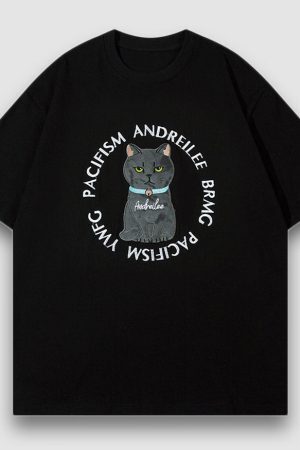 Style Core Aesthetics, New Style Trends Cartoon Cat Pattern Patch Tee