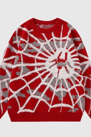 Style Core Aesthetics, New Style Trends Cartoon Cobweb Print Pullover