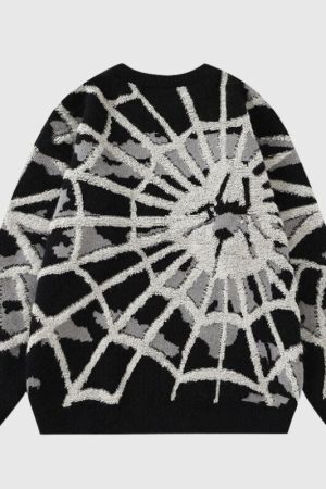 Style Core Aesthetics, New Style Trends Cartoon Cobweb Print Pullover