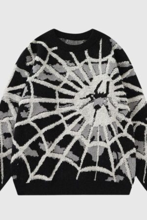 Style Core Aesthetics, New Style Trends Cartoon Cobweb Print Pullover