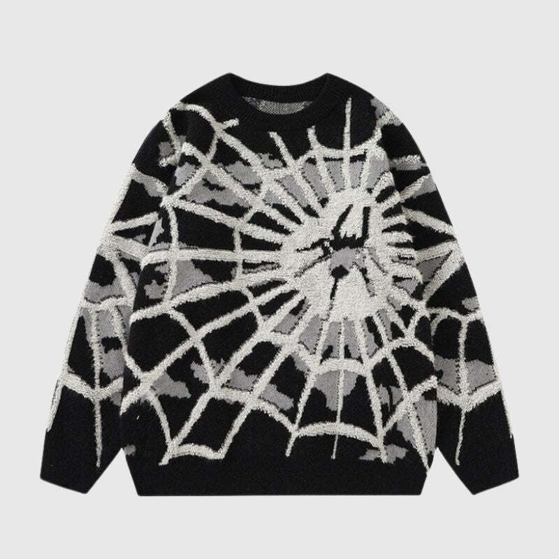 Style Core Aesthetics, New Style Trends Cartoon Cobweb Print Pullover