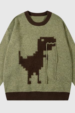 Style Core Aesthetics, New Style Trends Cartoon Dinosaur Embroidered Pullover