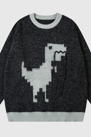 Style Core Aesthetics, New Style Trends Cartoon Dinosaur Embroidered Pullover