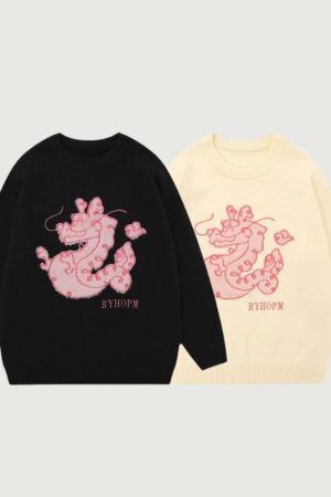 Style Core Aesthetics, New Style Trends Cartoon Dragon Embroidered Knit Sweater