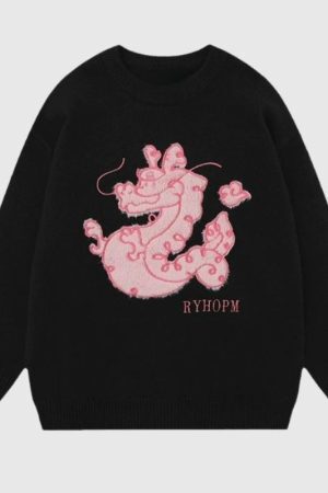 Style Core Aesthetics, New Style Trends Cartoon Dragon Embroidered Knit Sweater