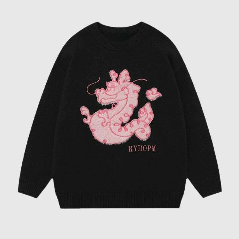 Style Core Aesthetics, New Style Trends Cartoon Dragon Embroidered Knit Sweater