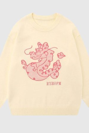 Style Core Aesthetics, New Style Trends Cartoon Dragon Embroidered Knit Sweater