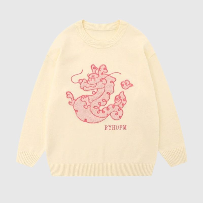 Style Core Aesthetics, New Style Trends Cartoon Dragon Embroidered Knit Sweater Style Core Aesthetics, New Style Trends Cartoon Dragon Embroidered Knit Sweater
