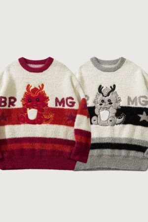 Style Core Aesthetics, New Style Trends Cartoon Dragon Striped Versatile Knit Sweater