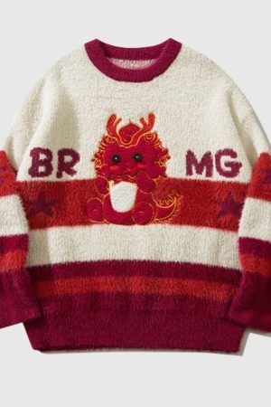 Style Core Aesthetics, New Style Trends Cartoon Dragon Striped Versatile Knit Sweater
