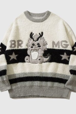 Style Core Aesthetics, New Style Trends Cartoon Dragon Striped Versatile Knit Sweater