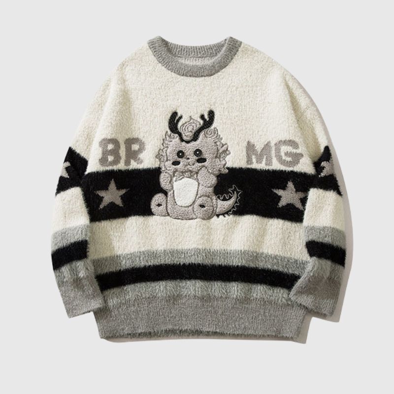 Style Core Aesthetics, New Style Trends Cartoon Dragon Striped Versatile Knit Sweater Style Core Aesthetics, New Style Trends Cartoon Dragon Striped Versatile Knit Sweater