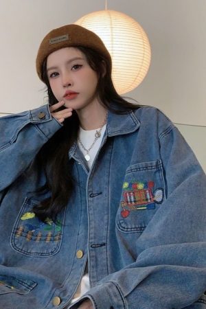 Style Core Aesthetics, New Style Trends Cartoon Embroidered Multi-Pocket Denim Jacket