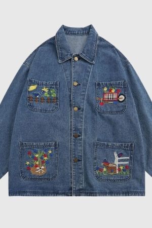 Style Core Aesthetics, New Style Trends Cartoon Embroidered Multi-Pocket Denim Jacket