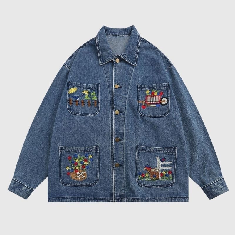 Style Core Aesthetics, New Style Trends Cartoon Embroidered Multi-Pocket Denim Jacket