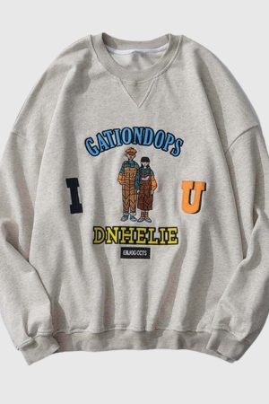 Style Core Aesthetics, New Style Trends Cartoon Embroidered Print Sweatshirt