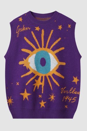 Style Core Aesthetics, New Style Trends Cartoon Eyes Jacquard Sweater Vest