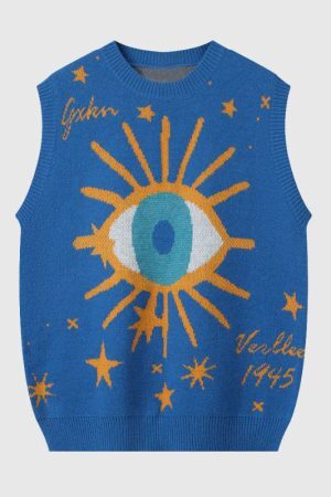 Style Core Aesthetics, New Style Trends Cartoon Eyes Pattern Jacquard Vest Sweater