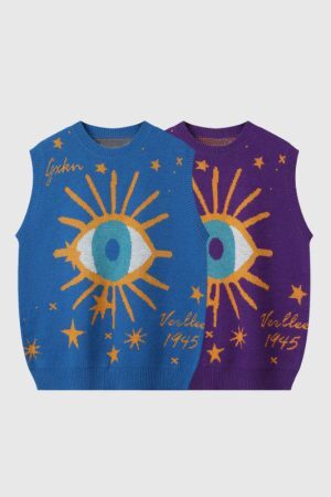 Style Core Aesthetics, New Style Trends Cartoon Eyes Pattern Jacquard Vest Sweater