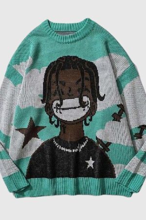 Style Core Aesthetics, New Style Trends Cartoon Face Printed Pullover