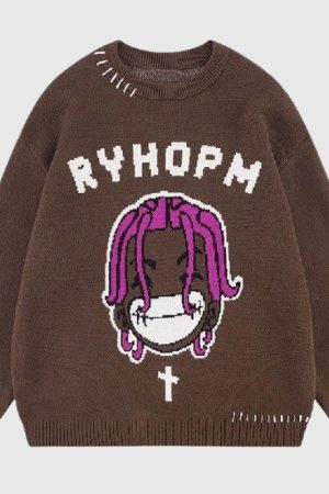Style Core Aesthetics, New Style Trends Cartoon Face Printed Pullover