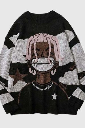 Style Core Aesthetics, New Style Trends Cartoon Face Printed Pullover