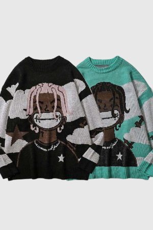 Style Core Aesthetics, New Style Trends Cartoon Face Printed Pullover