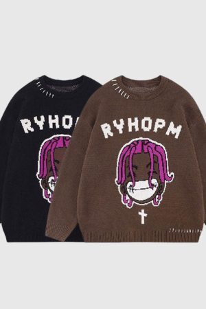 Style Core Aesthetics, New Style Trends Cartoon Face Printed Pullover