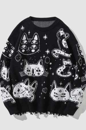 Style Core Aesthetics, New Style Trends Cartoon Kitten Pattern Knitted Sweater