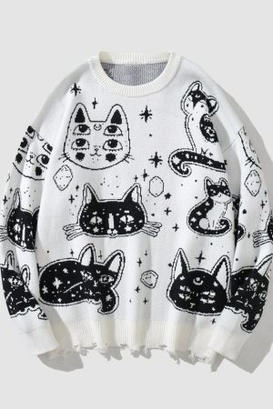 Style Core Aesthetics, New Style Trends Cartoon Kitten Pattern Knitted Sweater