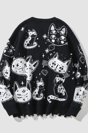 Style Core Aesthetics, New Style Trends Cartoon Kitten Pattern Knitted Sweater
