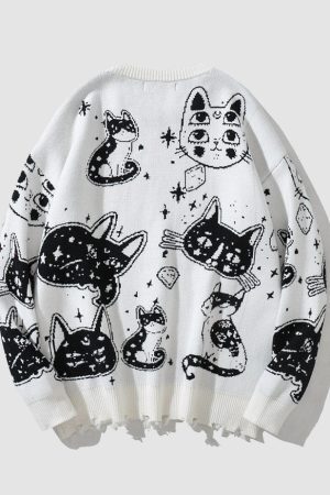 Style Core Aesthetics, New Style Trends Cartoon Kitten Pattern Knitted Sweater