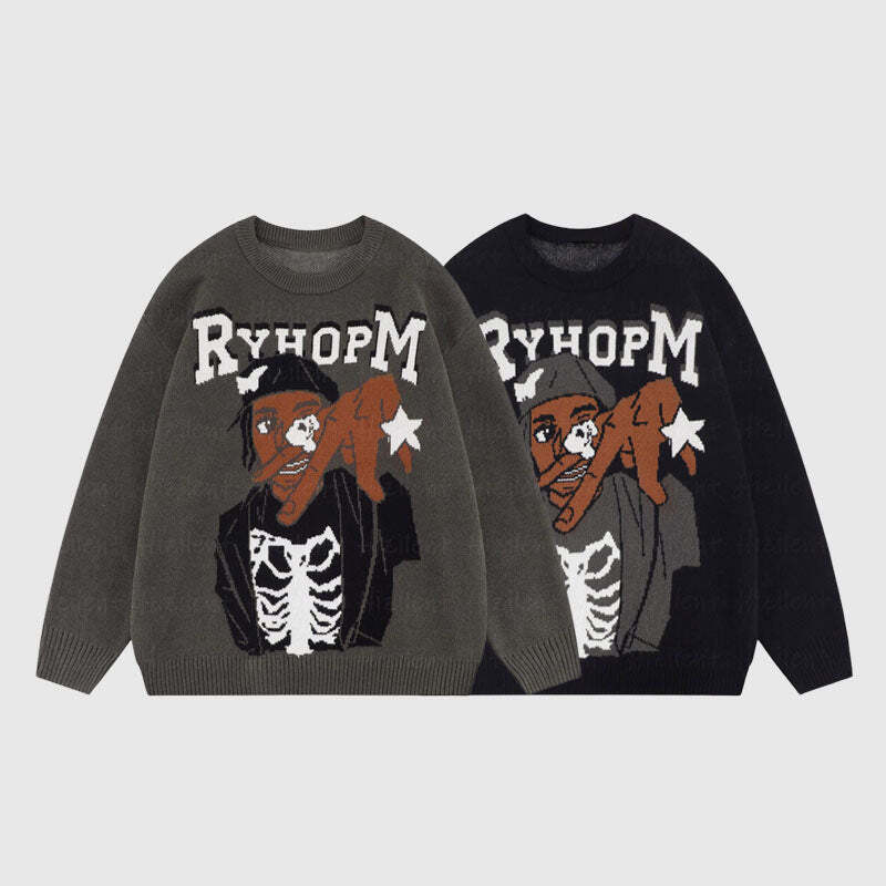 Style Core Aesthetics, New Style Trends Cartoon Pattern Printed Knit Pullover Style Core Aesthetics, New Style Trends Cartoon Pattern Printed Knit Pullover