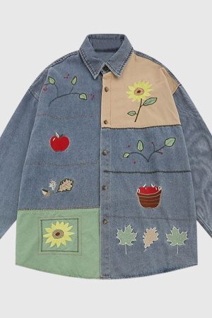 Style Core Aesthetics, New Style Trends Cartoon Plant Denim Shirts