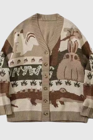Style Core Aesthetics, New Style Trends Cartoon Rabbit Jacquard Cardigan