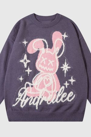 Style Core Aesthetics, New Style Trends Cartoon Rabbit Pattern Embroidered Pullover