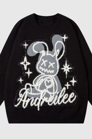 Style Core Aesthetics, New Style Trends Cartoon Rabbit Pattern Embroidered Pullover