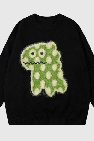 Style Core Aesthetics, New Style Trends Cartoon Spotted Dinosaur Embroidered Pullover