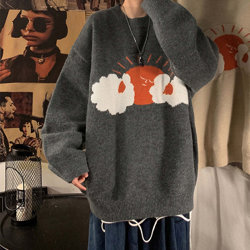 Style Core Aesthetics, New Style Trends Cartoon Sun Graffiti Knit Sweater Style Core Aesthetics, New Style Trends Cartoon Sun Graffiti Knit Sweater